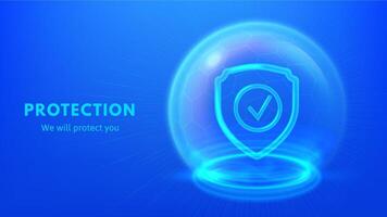 Protection shield. Wireframe secure sphere with checkmark in shield. Futuristic cybersecurity, data safety and digital protection concept illustration vector