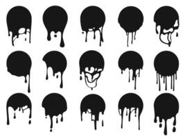 Melted circle. Paint drip splatter, melt stickers and liquid round frame background with dripping ink pattern. Graffiti blobs isolated silhouettes set vector