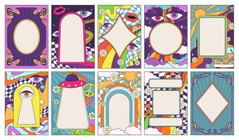 Retro psychedelic frames. Abstract groovy social media story post or 70s pop art photo frame with bohemian borders. Happy nostalgic vibe templates set vector