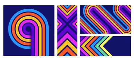Retro stripe line backgrounds. Bold colorful lines abstract geometric patterns, modern zen stripes poster backdrops and 70s banner decorative template set vector