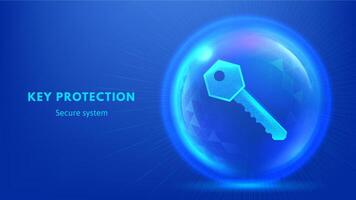 Protection key. Digital security key in glowing wireframe shield sphere. Futuristic cybersecurity, network safety or data encryption concept illustration vector