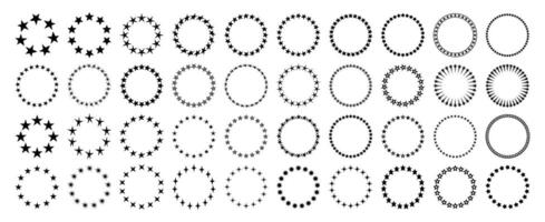 Circular stars. Starry circle border, radial star array pattern for emblem, label or badge design. Premium decorative round frame spark burst elements set vector