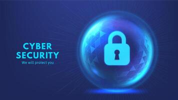 Secure lock. Cybersecurity shield sphere with glowing lock icon, digital data protection field and network defense. Online protection concept illustration vector