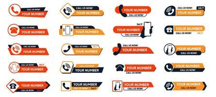 Contact banner with phone number. Call us now buttons, mobile number label badge with phone icon. Customer support call-to-action buttons template set vector