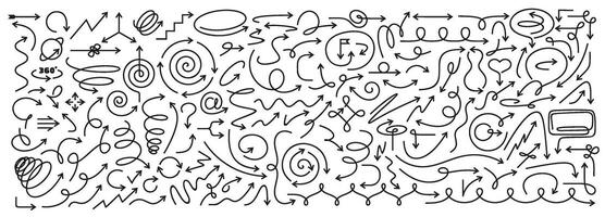 Thin line arrows. Hand drawn direction arrow doodles, curvy swirls, pointing frames, zigzags, swirl loops and wavy curves pointers for infographic designs vector