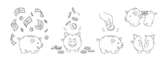 Doodle piggy bank. Money saving or accumulation, savings pig with falling dollar bills and coins. Happy wealthy and sad broken piggy banks hand drawn illustrations set vector