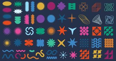 Abstract geometric shapes. Brutalist badge, minimalist figures, star sticker shape, patterns and wave line forms. Brutal Swiss design trendy aesthetic elements set vector