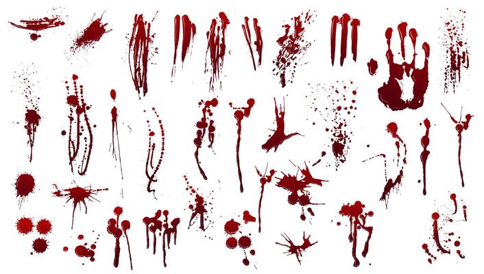 Blood splatters and drips. Realistic bloody stains, drip drops, smears, and handprints for halloween, crime scene or horror themed design. Grunge blot, splash and scary traces set