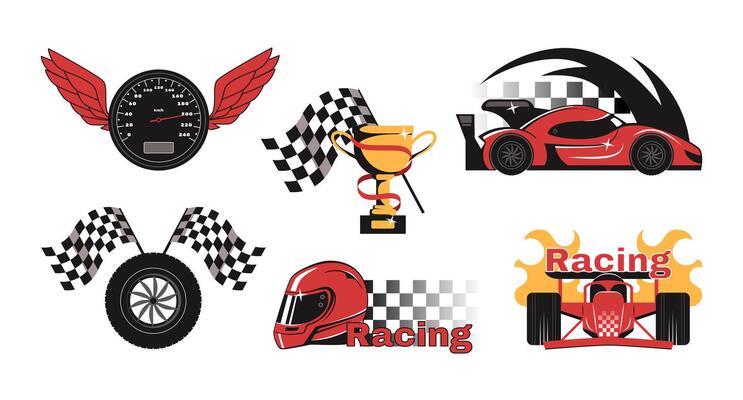 Race emblem. Speedometer with wings, racing car and helmet, fast tire and trophy cup sticker with checkered flag. Auto sport decals isolated illustration set