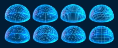 Wireframe dome shields. Secure protection field, digital holographic domes and glowing 3D hemisphere grids. Bubble cover and futuristic safety barrier with glow effect set vector