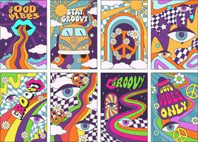 Retro psychedelic posters. Good 70s vibes and stay groovy stickers with abstract rainbows, hippie van, peace sign and nostalgic pop art background illustrations set vector