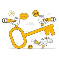 Successful team with a big key. Motivation for teamwork. Achieving success, common goals. vector