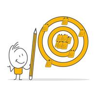 Businessman writes goals on notes and puts them on big dartboard target board for business success concept. vector