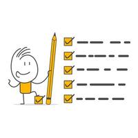 Businessman expert holding pen marks all completed task checkboxes. Completed checklist. vector