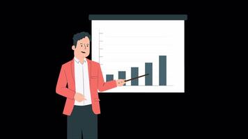 A man is giving a presentation on a board with a bar chart video