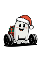 ghost wearing a red Santa hat is happily lifting a barbell with gift boxes behind it cutouts png