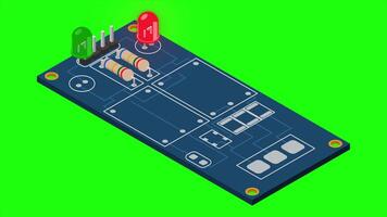 Isometric electronic board animation. Isometric printed circuit board with electronic components. Electronic components and integrated circuit board. 4K animated in isometric style video