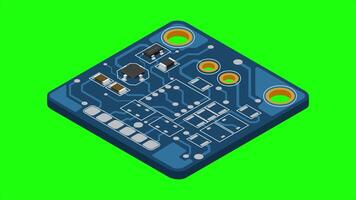 Isometric electronic board animation. Isometric printed circuit board with electronic components. Electronic components and integrated circuit board. 4K animated in isometric style video