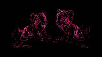Neon frame effect, tiger cubs playing together in a jungle setting on black background video
