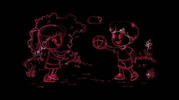 Neon frame effect, Happy Kids with Playground Ball on black background video
