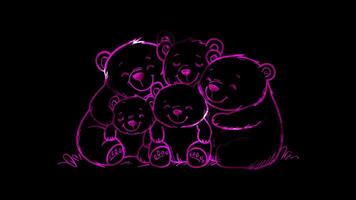Neon frame effect, family of bears hugging each other on black background video