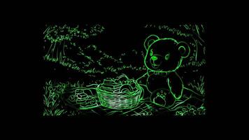Neon glow effect teddy bear enjoying a picnic with a blanket on black background video