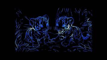 Neon frame effect, tiger cubs playing together in a jungle setting on black background video