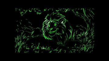 Neon frame effect, smiling lion lounging under a tree with a big on black background video
