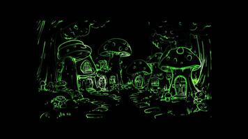 Neon glow effect village in the trees where fairies live in mushroom houses on black background video