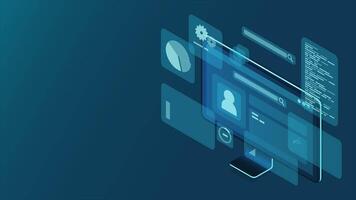 Computer monitor animation with blue virtual holographic projections with graphs and charts for data analysis. Analytics data on monitor. Web development concept. 4K animated in isometric style video