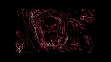 Neon glow effect teddy bear relaxing or playing in a cozy treehouse with a rope ladder on black background video