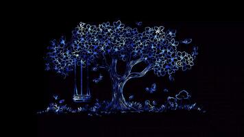 Neon frame effect, beautiful tree in full bloom with a swing hanging on black background video