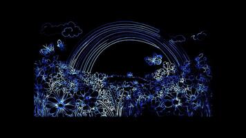 Neon glow effect rainbow with fluffy clouds on black background video