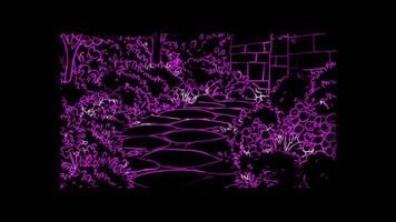 Neon frame effect, winding garden path lined with flowers and bushes on black background video