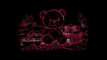 Neon glow effect teddy bear enjoying a picnic with a blanket on black background video