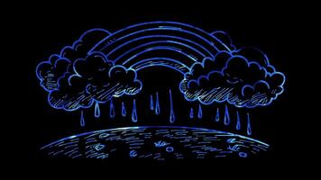Neon glow effect rainbow with fluffy clouds on black background video
