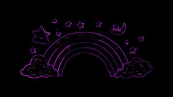 Neon glow effect rainbow with fluffy clouds on black background video