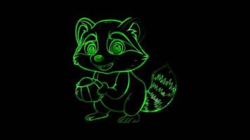 Neon frame effect, raccoon holding a shiny acorn with a mischievous smile on black background video