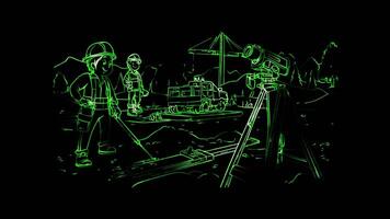 Neon glow effect construction site with a surveyor using a theodolite on black background video