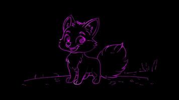 Neon frame effect, fox with a bushy tail and a welcoming smile on black background video