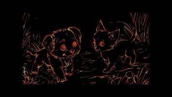 Neon frame effect, puppy and kitten playing together on black background video