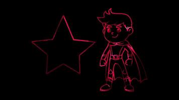 Neon frame effect, superhero standing next to a large, sparkling star on black background video