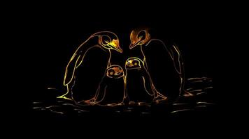Neon frame effect, family of penguins huddling together on black background video