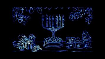 Neon glow effect Hanukkah Lights A menorah with lit candles on black background video