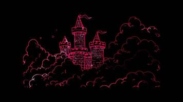 Neon frame effect, whimsical castle with towers and flags floating on black background video