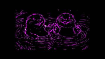 Neon frame effect, Playful Otters Holding Hands on black background video