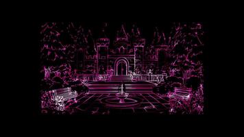 Neon frame effect, whimsical castle with towers and flags floating on black background video