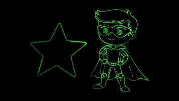 Neon frame effect, superhero standing next to a large, sparkling star on black background video