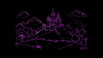 Neon frame effect, whimsical castle with towers and flags floating on black background video