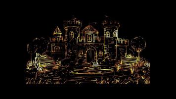 Neon frame effect, whimsical castle with towers and flags floating on black background video